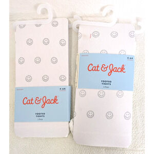Cat & Jack 2 Packs Girls Footed White Tights Silver Smiley Faces 4-6X